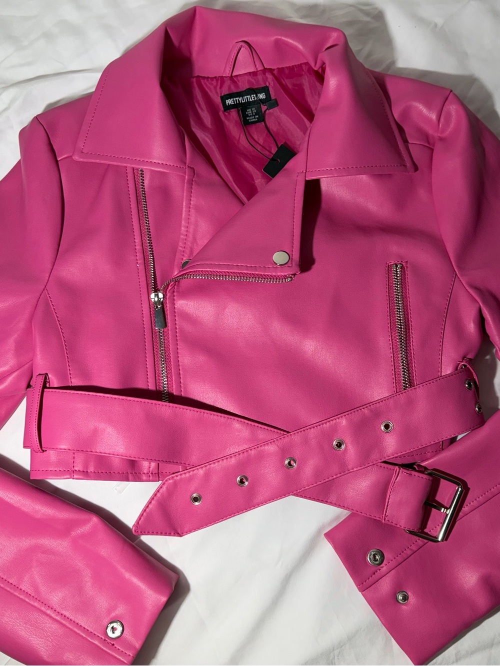 NWT PrettyLittleThing Bright Pink Faux Leather Belted Moto Jacket